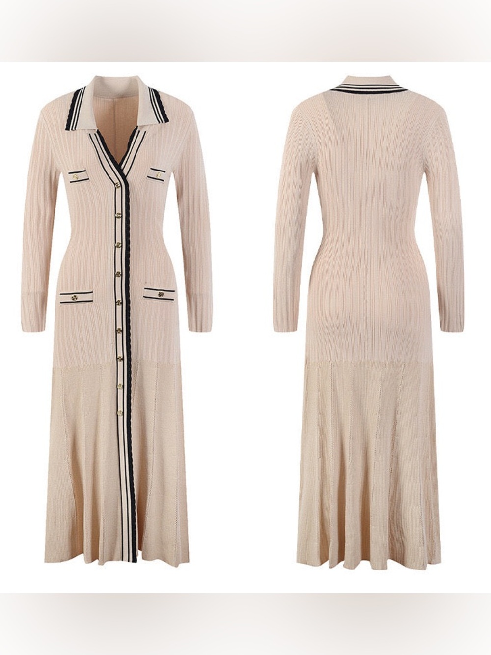Sandro Alexandrine ribbed knitted button-front midi dress in beige - Picture 4 of 11